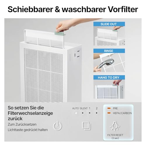 COWAY Luftreiniger Allergiker Zuhause Schlafzimmer air purifier, ECARF und Quiet Mark, Sleep Mode 20 dB, Vorfilter oben entnehmbar und waschbar, Allergie Rauch Pollen Haustiere, Airmega 150, Weiß – Bild 6