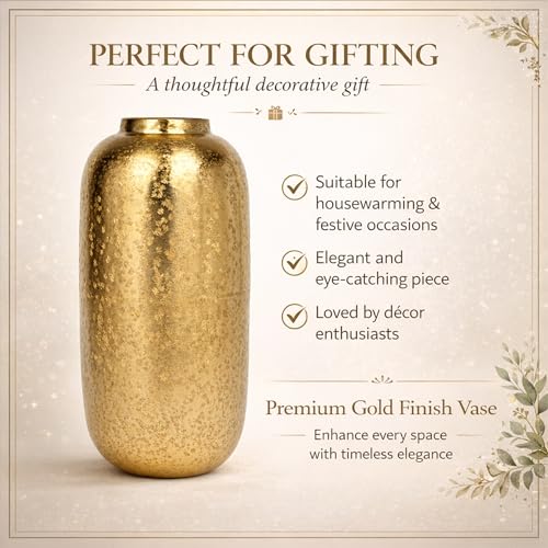 Image of INDIAN DECORMART Flower Vase | Flower Pots for Home Decor, Living Room, Bedroom, Office, Gifting, Colour Gold (IDM22240, 18x18x34 CM)