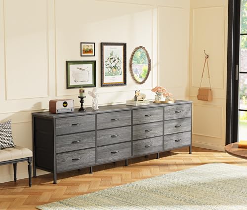 Huuger 70 Inch Dresser for Bedroom, TV Stand for 65, 75, 80 Inch TV, 12 Fabric Drawer Long Dresser, Large Storage Organizer Unit, Wide Chest of Drawer with Storage, for Living Room, Grey