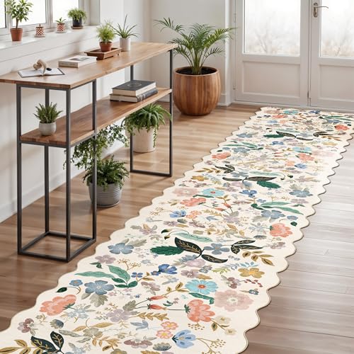Washable Hallway 2'6x12 Runner Rug: Floral Scalloped Rug for Kitchen Entryway Farmhouse Soft Carpet for Bathroom Bedroom Thin Laudry Living Room Floor Mat with Non Slip Backing(2'6''x12',Cream)