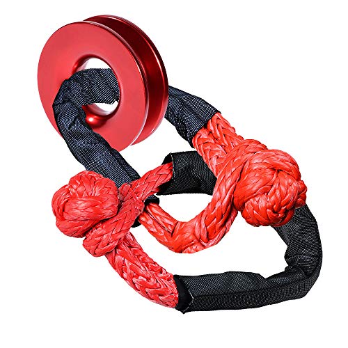 Combo Red: Pair 22" 1/2" Synthetic Winch Rope Towing Soft Shackle + Recovery Snatch Ring 41,000Lb Pulley Roller #TOP4