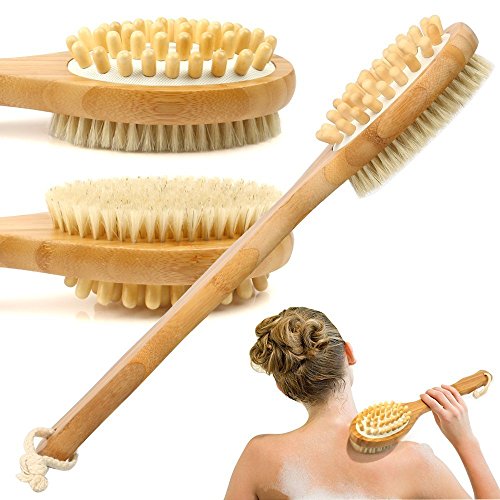 Bath Brush, Bamboo Bath Brush for Back Scrubber ESARORA Soft Natural Bristles Back Brush with Long Handle for Exfoliating Skin & Wood Beads for Massage - Use Wet or Dry - Suitable for Men and Women