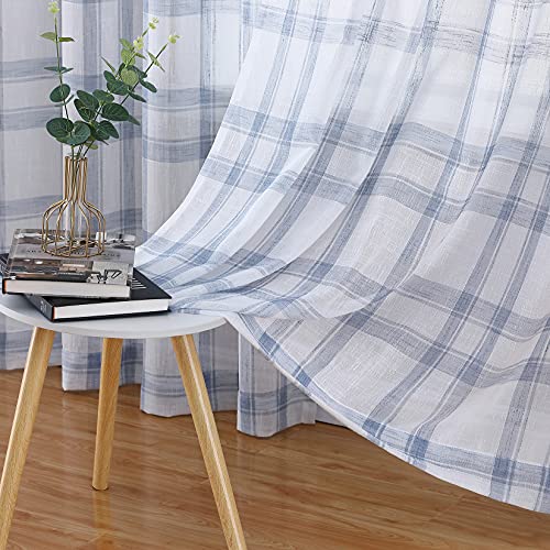 CAROMIO Cortinas Faja de Ventana Cortina de Cocina Cortina de Gasa para Ventana Faja Decorativa Transparente Cortina a Cuadros Semitransparente, 68*114cm*2, Azul Marino Cover