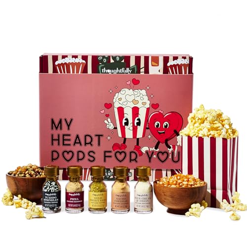 Image of Thoughtfully Gourmet, Valentine's Movie Night Popcorn Gift Set, Includes Yellow & Mixed Popcorn Kernels, 10 Popcorn Bags, 5 Gourmet Seasonings & Toppings, Romantic Movie Night Gift Basket for Couples