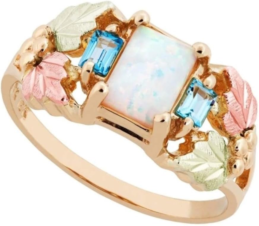 Synthetic Opal, Swiss Blue Topaz Ring, 10k Yellow Gold, 12k Green and Rose Gold Black Hills Gold