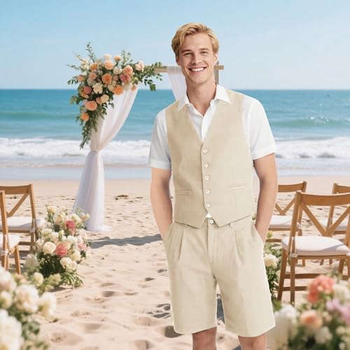 UNINUKOO Men's Linen Suit 2 Piece Vest and Shorts Suits for Men Summer Beach Weddings Set Dress Casual Party Tuxedo Suit Set2