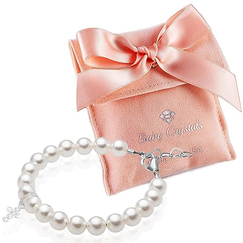 Baptism Pearl Bracelet for Girls, Sterling Silver Crystal Cross Charm, Baptism Gifts for Girl with white simulated Pearls and Crystals, elegant Girls Jewelry