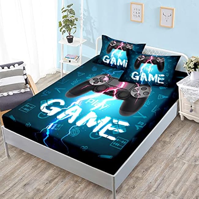 HOSIMA Gaming Bedding Gamepad Fitted Sheet Twin Size and Gamer Bedding Sets for Boys Used to Gamer Room Decor,1 Fitted Sheet+2 Pillowcases.