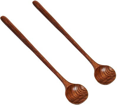 2PCS Long Wooden Soup Spoon, Long Handle Round Spoons Korean Style Wooden Coffee Spoons for Soup Cooking Mixing Stirring Kitchen Tools Utensils Brown