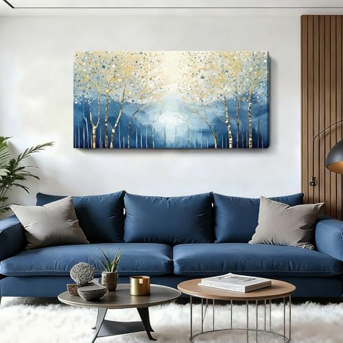 amatop Large Abstract Wall Art for Living Room Modern Tree of Life Canvas Art Print Nature-Inspired Navy Blue Wall Decor Landcape Artwork Birch Forest Picture Bedroom Office Dining Entryway 48x24 Inch