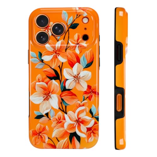 Image of Magnetic for iPhone 17 Pro Max Case for Women Girl, Orange Floral | Stylish Flower Pattern Design [Compatible with MagSafe] [Full Camera Protection] 2-Layer Hybrid Shockproof Glossy Phone Case