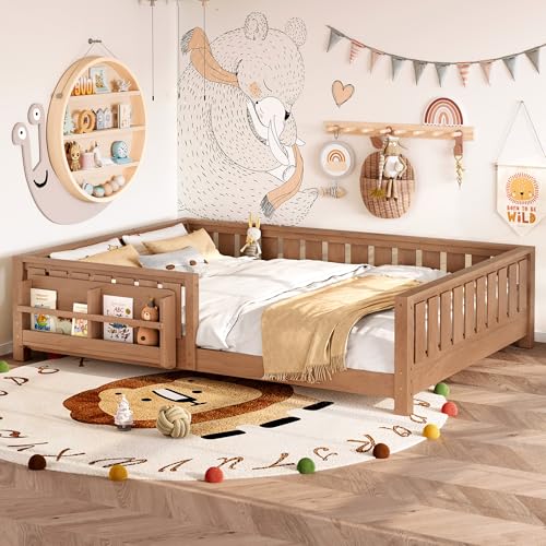 Bellemave Queen Size Floor Bed with Slats and Safety Guardrail