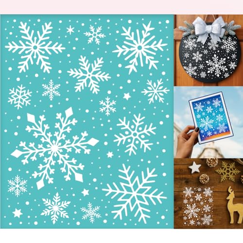GOMAKERER 2 Sheets Snowflake Silkscreen Stencil Winter Theam Painting Stencils Templates Reusable Self-Adhesive Silk Screen Printing for Wall Border Wood Fabric Christmas Decor