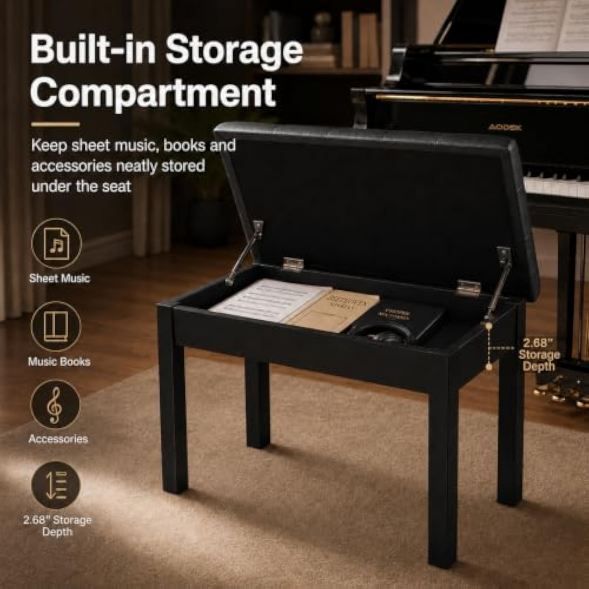 Wooden Duet Piano Bench with Padded Cushion