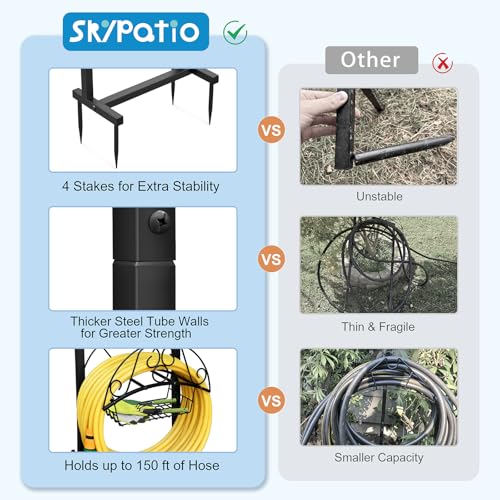 Skypatio Garden Hose Holder with Basket, Metal Water Hose Holder Holds 150ft Hose, Freestanding Hose Storage Stand with 4 Stakes, Rust-Resistant Heavy Duty Hose Hanger for Outside - Thumbnail 2