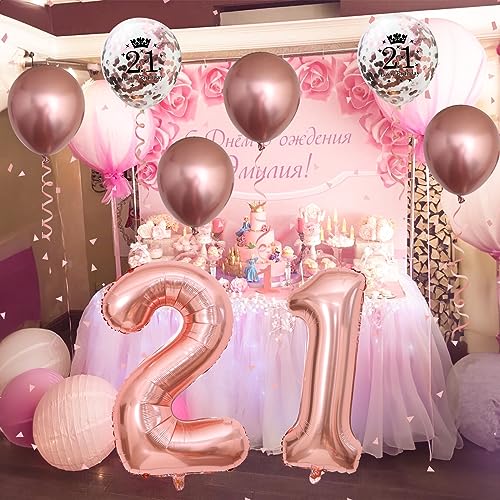 Image of 21st Birthday Balloons Rose Gold, Decorations for Him With Large Number 21 Foil Balloon, Confetti Metallic Latex Balloons for Her Girls 21 Years Old Bday Decor