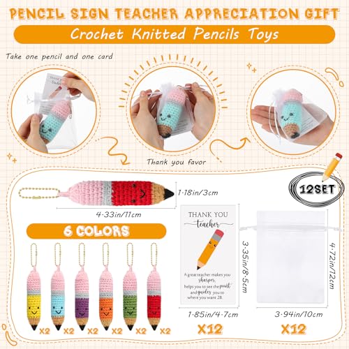 Image of Poen 12 Sets Employee Appreciation Gifts Crochet Knitted Pencils Thank You Greeting Card Set 6 Colors Pencil Sign with Drawstring Organza Bags for Coworker Office End of Year Teacher Gifts Option