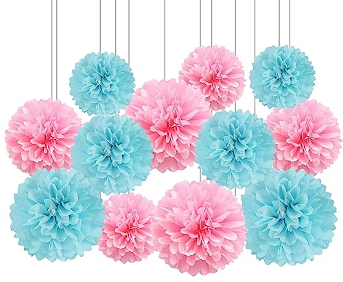 Image of XIKSXITN 12 pc Pink & Blue Tissue Paper Pom Poms - Hanging Paper Flowers Ball for Party Decorative (8&10&12 inch)