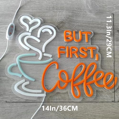 Image of But First Coffee Neon Sign Large 5V USB Powered Acrylic Neon Lights with Dimmable Switch and Hanging Chain for Coffee Cafe Bar Party Living Room Sign Gifts 14 * 11.3inch(Orange)