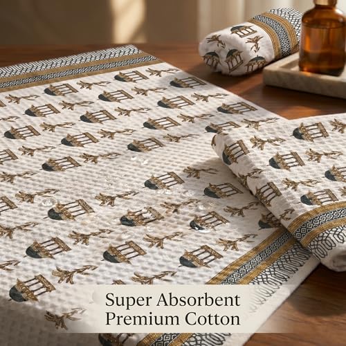 Image of Mafatlal Madhuban Soft Cotton Towel Set (1 Bath 147x76 cm + 2 Hand 76x38 cm) | 250 GSM | Absorbent, Hand Printed Floral | Dried Tobacco