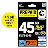 congstar Prepaid ALLNET L SIM Karte ohne Vertrag I 45 GB Vielsurfer Prepaid Paket in D Netz Qualität I 5G mit 25 Mbit/s + 12€ Startguthaben I Telefonie & SMS Flat in alle dt. Netze I EU Roaming inkl.
