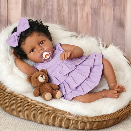 Image of KSBD Reborn Baby Doll Black Girl - 18 Inch Weighted Lifelike Realistic African American, Newborn Real Life Handcrafted Toddler Baby with Hair, Soft Cloth Body and Accessories Gift Set for Kids Age 3+
