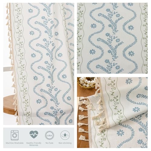 Image of Blue| Sage on White Boho Curtains 63 Inch Long for Living Room, Bedroom, 2 Panels Floral Farmhouse Vintage Tassel Semi Sheer Privacy Window Curtain Drapes with Rod Pocket