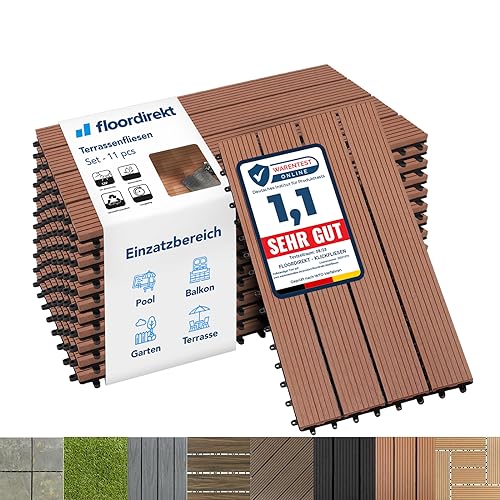 Floordirekt Piastrelle giardino esterno ad incastro WPC 60x30cm, 1m² 6 pezzi, per terrazzo, balconi in legno Composito Pavimenti da Esterno con funzione di drenaggio | Marrone chiaro | Royal