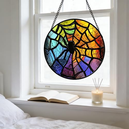 Image of Stained Glass Suncatcher, Colorful Spider Sun Catcher Black Insect Stain Glass Window Hanging Decoration Mother's Day Birthday Gifts for Women Men Mom Nana 6.3 in