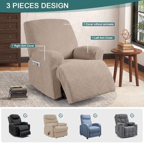 Image of Ruaozz Recliner Sofa Covers Recliner Chair Covers Recliner Covers for Reclining Chair with Pockets Washable Furniture Protector with Elastic Bottom (1 Seater, Khaki)