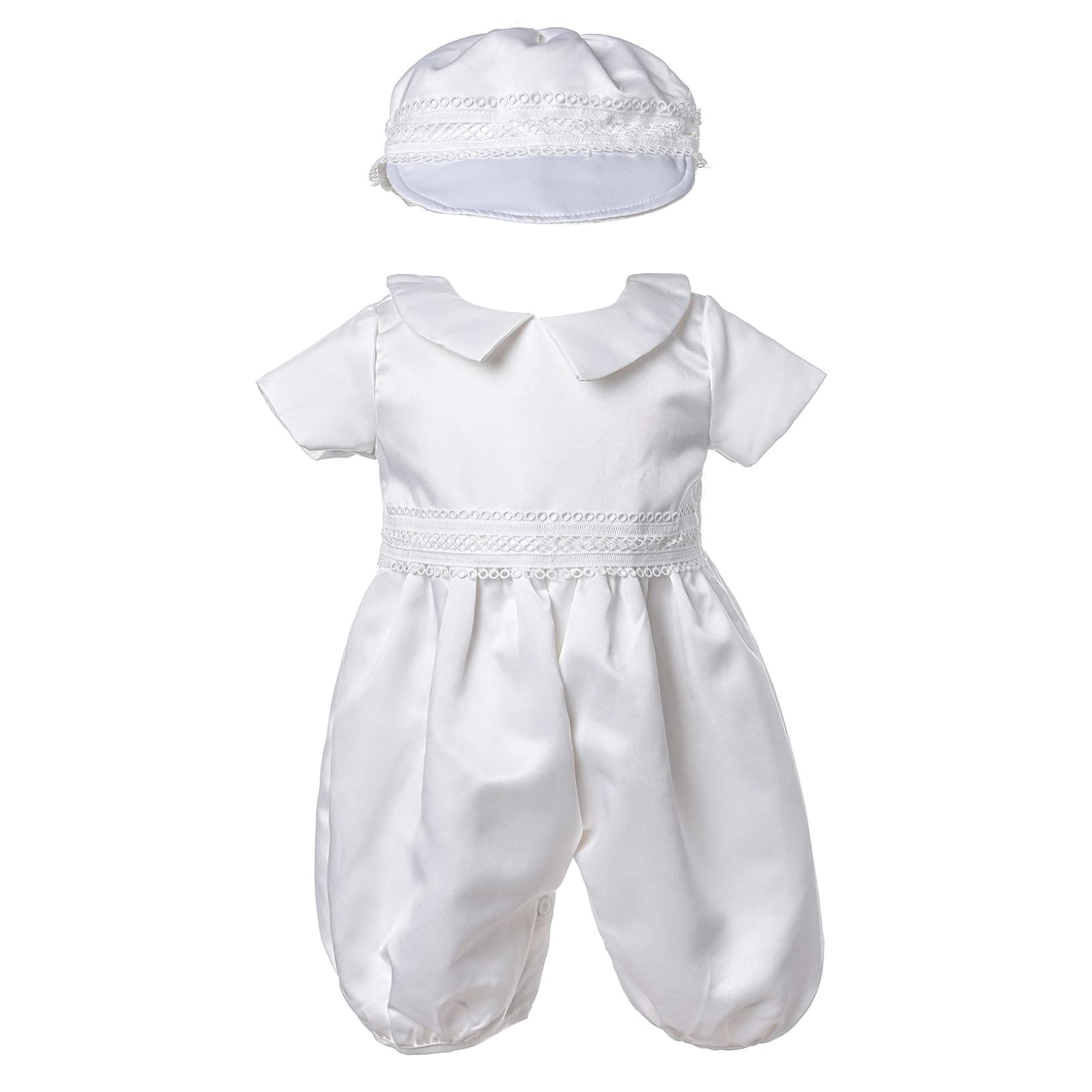 Kaerm Newborn Baby Boy Baptism Outfit Satin Silk Short Sleeve Doll Colloar Romper with Bonnet Two Piece Set White 0-3 Months