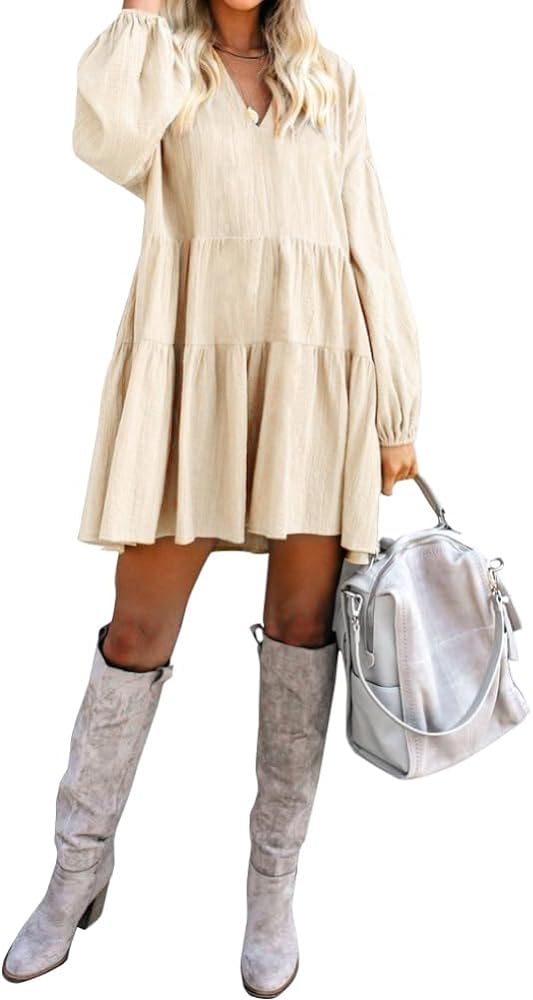 FANCYINN Long Sleeve Shift Tunic Dress Ruffle Swing Babydoll