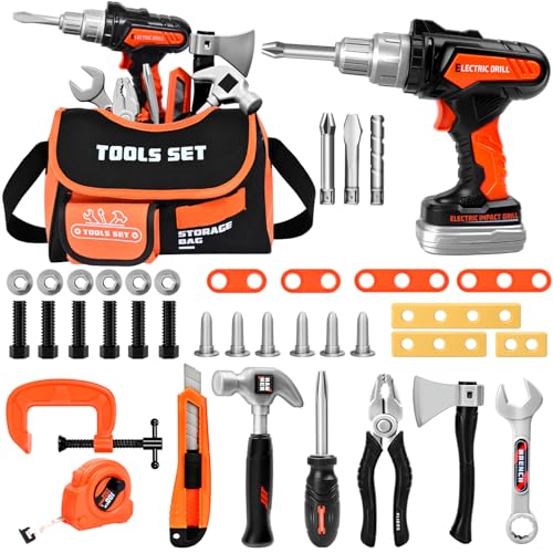 Premium Kids Tool Set Portable Carrying Bag with Battery Powered Toy Drill Easy-Grip Pretend Play Toddler Tool Kit Construction Toys for Boys & Girls Age 3-8 STEM Gifts