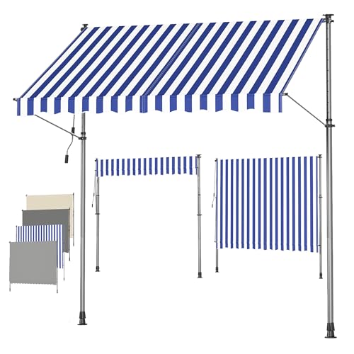 SONGMICS Store Banne Rétractable, Store Manuel, Réglable en Hauteur, avec Manivelle pour Balcon, Jardin, Terrasse, 300 x 120 cm, Bleu et Blanc GSA302QZ01