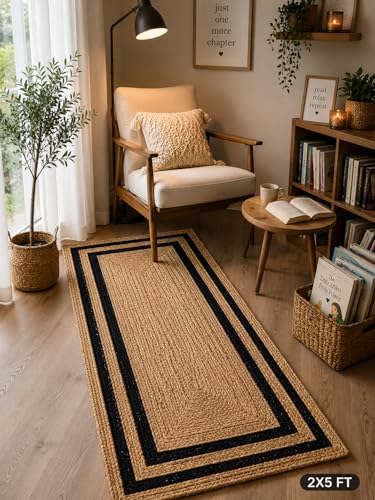 Image of Handmade Natural Jute Runner Rug for Hallway Living Room Kitchen Bedroom Floor Carpet (Beige + Black Design, 2x5)