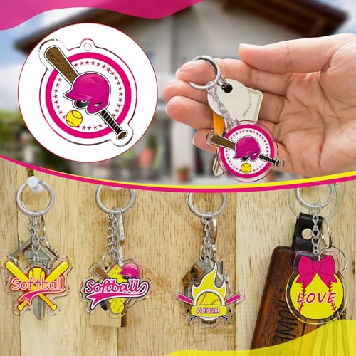Image of Tondiamo 24 Pcs Softball Acrylic Keychain Gifts Bulk Pink Acrylic Softball Sports Ball Keychain Gifts Go Team Key Ring for Women Men