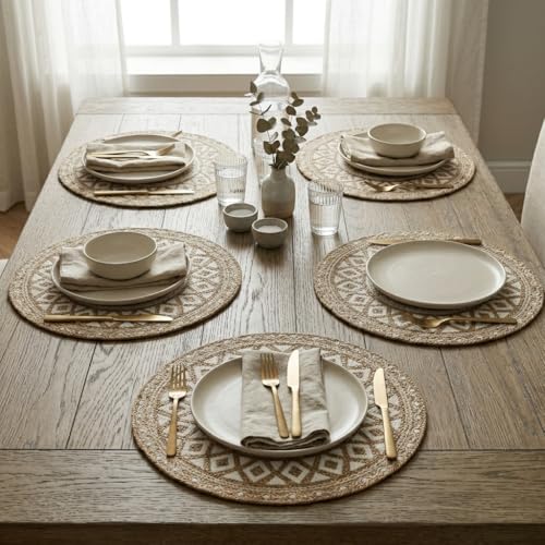 Image of Round Braided Dining Table Mat | Brown Mandala Woven Placemats | Heat Resistant Washable Cotton Blend Table Place Mats for Kitchen & Boho Decor | 15 Inch | Set of 4
