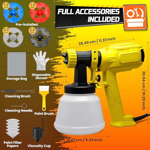 800W HVLP Paint Spray Gun, Ultra-Light Electric Paint Sprayer w/1200ML Container, 4 Nozzles, 3 Patterns, Fence Paint Sprayer for Walls, Ceilings, Sheds, Decks, Furniture, Cabinets, DIY (Yellow) 8 800W HVLP Paint Spray Gun, Ultra-Light Electric Paint Sprayer w/1200ML Container, 4 Nozzles, 3 Patterns, Fence Paint Sprayer for Walls, Ceilings, Sheds, Decks, Furniture, Cabinets, DIY (Yellow) - Image 8