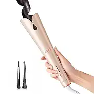 Automatic Rotating Curling Iron for Beginners, 1.25'' Beach Waves Curling Wand for Long Hair with Anti-Scald Cover, 500 Million Ionic, 3 Temp 2-Way Rotating, Dual Voltage Travel Hair Curler, Champagne