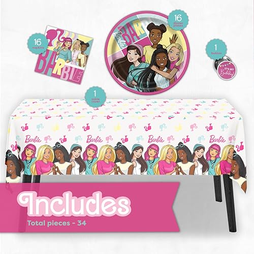 Image of Barbie Birthday Party Decorations | Barbie Party Decorations | Serves 16 Guests | Officially Licensed | Tablecover, Plates, Napkins, Button