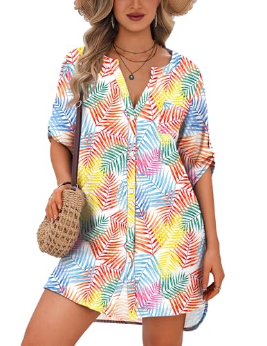 Image of Ekouaer Bathing Suit Cover Up for Women V Neck Button Down Swimsuit Coverup Beach Dress Shirt S-3XL