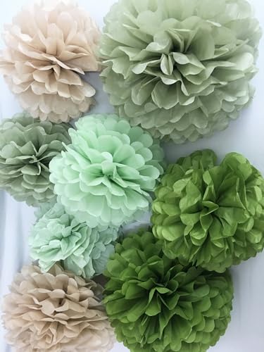 Image of Tissue Paper Pom Poms Kit Paper Flowers 12pieces for Gender Baby Shower Wedding Bridal Bachelorette Birthday Party Decorations (Sage Olive Green)