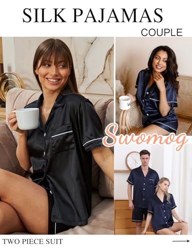 Image of SWOMOG Silk Satin Pajama Set for Men Short Sleeve Sleepwear Button Down Pj Set Classic Loungewear Black, Medium