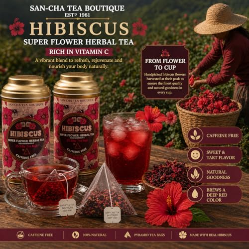 Image of Sancha Tea Boutique, Hibiscus Herbal Tisane, 25 Pyramid Bags (Pack of 2), Caffeine-Free, Real Flower Blend, Refreshing & Naturally Tart