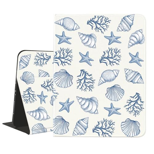 AdorableWhimsy Ocean Seashell Case for iPad 9th/7th/8th Generation(2021/2020/2019, 10.2 Inch) with Pencil Holder Folio Girly White Leather Cover Multi-Angle Viewing Stand Case Auto Sleep/Wake