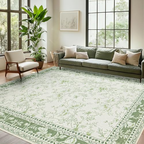 Sage Green Floral 5x7 Area Rug Vintage Boho Washable Printed