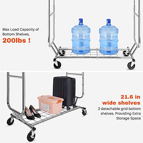Hokeeper 600 Lbs Commercial Clothing Garment Rack With Shelves Clothing Racks On Wheels Rolling Closet Clothes Rack Heavy Duty Portable Collapsible Adjustable, Chrome Finish #TOP3