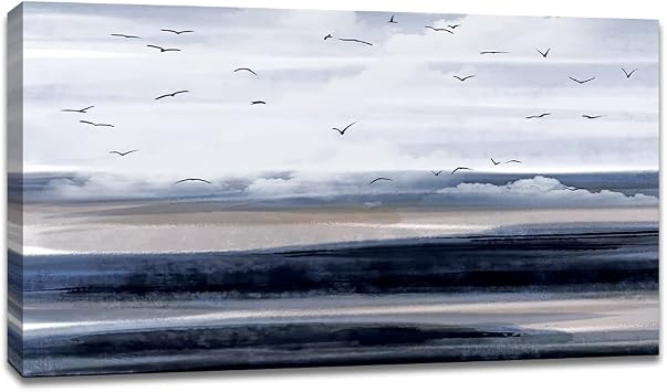 Large Abstract Canvas Wall Art Long Horizontal Modern Art Paintings Seagulls Flying on Deep Blue Ocean Grey Sky Storm Eve Framed Artwork Pictures for Living Room Bedroom Wall Decor 40x20in