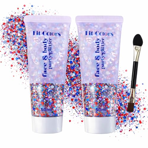 Patriotic Red White and Blue Face Hair Glitter Gel 4th of July Accessories 100ml Sparkling Hair Body Glitter for Women Kids Makeup World Cup Team USA Independence Day Celebration(USA+USA)