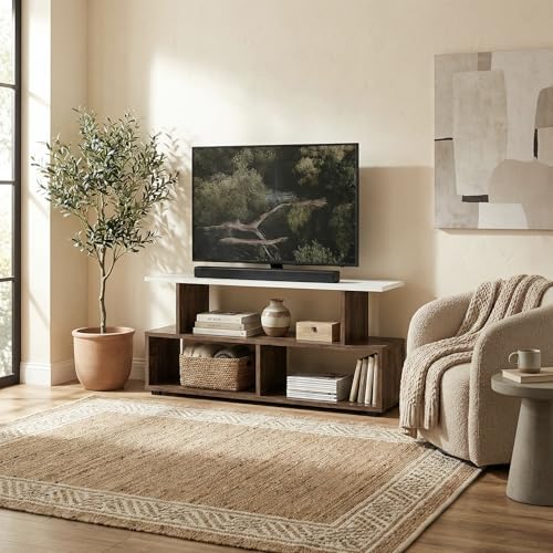 Image of Horizon Low-Profile TV Entertainment Unit with Open Storage Shelves, Modern Console Table for Living Room up to 43 Inch TV, 101x40x41cm (Classic Oak & White)